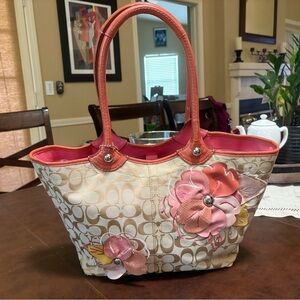 Coach Cream and Pink Floral Tote Bag